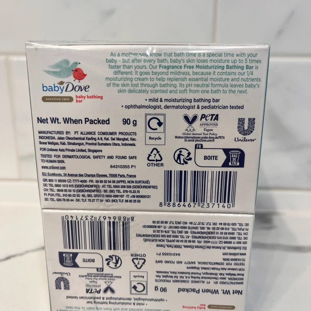 Baby Dove Baby Bathing Bar Fragrance Free Moisture Bathing Soap 90 Gram New 4 Pk